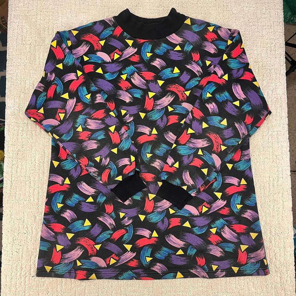 Vintage Roaman's 80s Geometric Brushstroke Print Long Sleeve Mock Neck Pullover